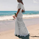 Sexy Off Shoulder Dress Ruffle White Lace Beach Wedding Party Long Maxi Dress