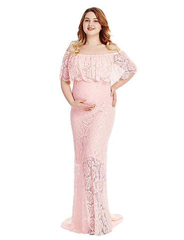 Off Shoulder Short Sleeve Ruffles Lace Maternity Gown Maxi Photography Dress