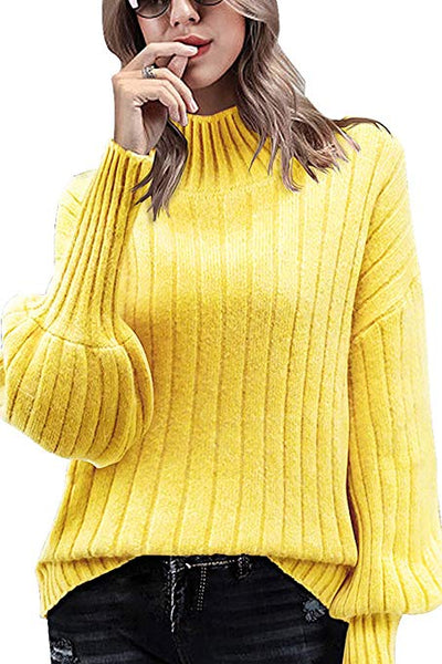 Women's High Collar Puff Sleeve Loose Pullover Sweater
