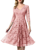 Women's Vintage Floral Lace Bridesmaid Dress 3/4 Sleeve Wedding Party Midi Dress