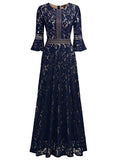 Women's Vintage Full Lace Contrast Bell Sleeve Formal Long Dress