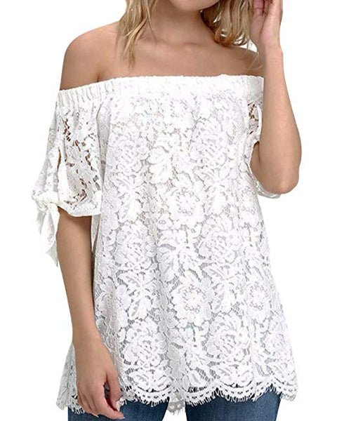 Women Off Shoulder Tops Sexy Lace Crochet Blouse Casual Tie Short Sleeve T-Shirt