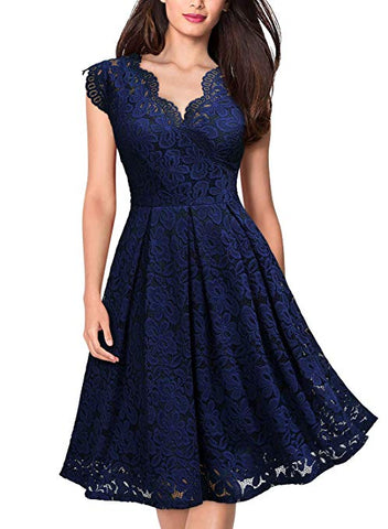 Women's Vintage Floral Lace Short Sleeve V Neck Cocktail Party Swing Dress