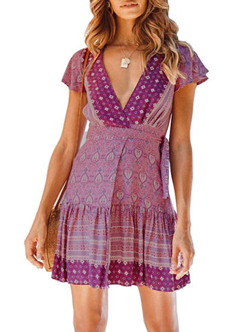 V Neck Bohemian Floral Print Ruffle Swing A Line Beach Mini Dress