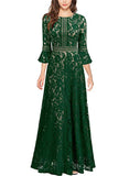 Women's Vintage Full Lace Contrast Bell Sleeve Formal Long Dress