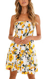 Sexy Strapless Floral Print Pleated Flounced Ruffled Dress