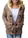 Womens Hooded Cardigans Button Up Cable Knit Sweater Coat Outwear with Pockets