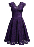 Women's Vintage Floral Lace Short Sleeve V Neck Cocktail Party Swing Dress