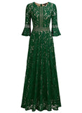 Women's Vintage Full Lace Contrast Bell Sleeve Formal Long Dress