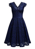 Women's Vintage Floral Lace Short Sleeve V Neck Cocktail Party Swing Dress