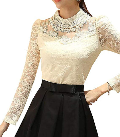 Women's Floral Lace Blouse Overlay Turtleneck Long Sleeve Sheer Party Tops