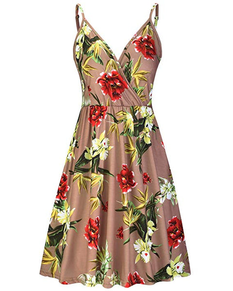 Women's V Neck Floral Spaghetti Strap Summer Casual Swing Dress with Pocket