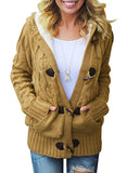 Womens Hooded Cardigans Button Up Cable Knit Sweater Coat Outwear with Pockets