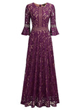 Women's Vintage Full Lace Contrast Bell Sleeve Formal Long Dress