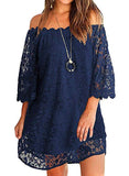 Women's Off Shoulder Flowy Vintage Lace Shift Loose Mini Dress