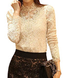 Women's Floral Lace Blouse Overlay Turtleneck Sheer Long Sleeve Party Tops