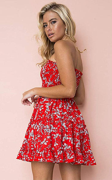 Sexy Strapless Floral Print Pleated Flounced Ruffled Dress – Ncocon