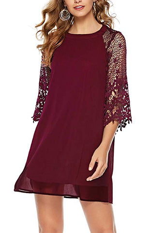 Women's Lace Half Sleeve Crewneck Casual Loose Summer Chiffon Tunic Dress