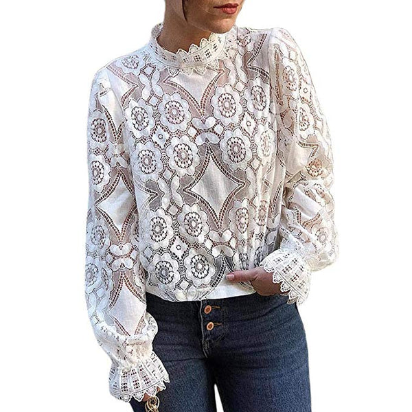 Women's Long Sleeve Lace Tops Casual Hollow Out Stand Collar Shirt Tees