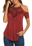 Women's Casual Short Sleeve Flowy Lace Cold Shoulder Summer Tops Blouses Basic Tee Shirt