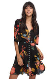 Women's Boho Button Up Split Floral Print Flowy Party Dress
