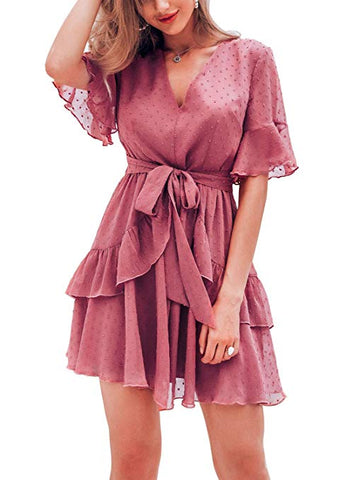 Women's Summer V Neck Chiffon Ruffle Mini Dress Elegant Tie Waist Short Sundress