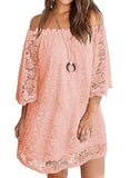 Women's Off Shoulder Flowy Vintage Lace Shift Loose Mini Dress
