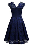 Women's Vintage Floral Lace Short Sleeve V Neck Cocktail Party Swing Dress