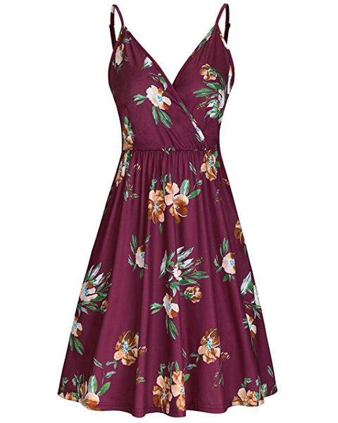 Women's V Neck Floral Spaghetti Strap Summer Casual Swing Dress with Pocket