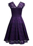 Women's Vintage Floral Lace Short Sleeve V Neck Cocktail Party Swing Dress