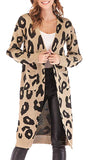 Women Long Sleeve Open Front Leopard Knit Long Cardigan Casual Print Knitted Maxi Sweater