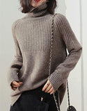 Women Loose Jumpers Wool Knit Split Thick Turtleneck Pullover Winter