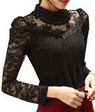 Women's Floral Lace Blouse Overlay Turtleneck Long Sleeve Sheer Party Tops