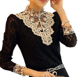 Women's Floral Lace Blouse Overlay Turtleneck Sheer Long Sleeve Party Tops