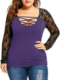 Women's Plus Size Lace Stitching Long Sleeve Cross Front V Neck Summer Casual Tee Top