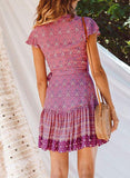 V Neck Bohemian Floral Print Ruffle Swing A Line Beach Mini Dress