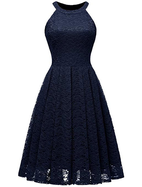 Womens Halter Neck Formal Cocktail Party Floral Lace Wedding Midi Dres ...