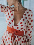 Red Polka-dot V-Neck Long Sleeves Maxi Dress