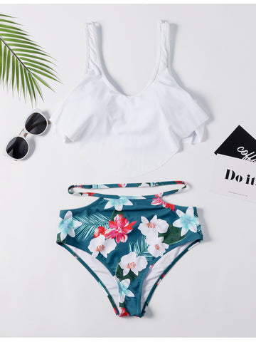 White Leaf Print Off The Shoulder Bikini Set