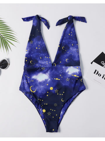 Galaxy Print Tie Shoulder Swimsuit