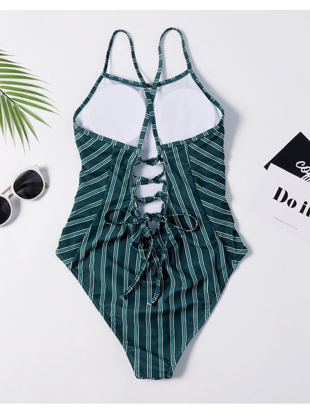 Striped Lace Up Cami Swimsuit – Ncocon