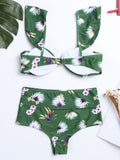 High Waist Tie Front Backless Printed Flounce Strap Bikinis Swimsuits 