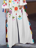 White Printed Tasseled Split-front Maxi Dress