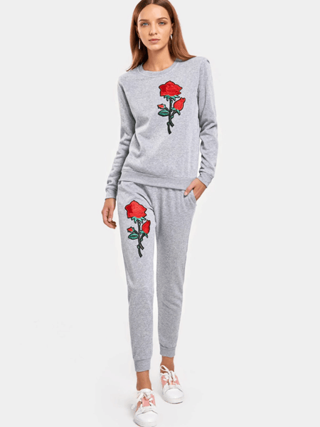 Cute Rose Embroidered Patches Sweatshirt and Casual Drawstring Pants