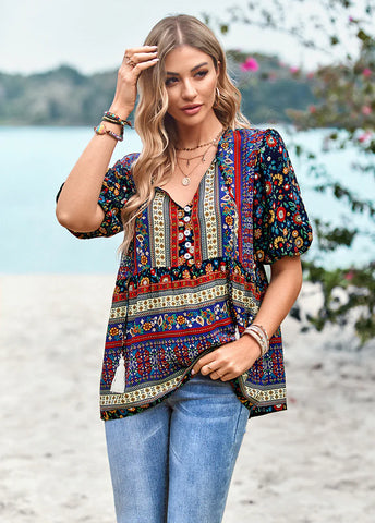 V-NECK SHORT SLEEVE PRINTED SHIRT
