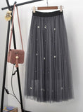 High Waist Mesh Midi Skirts Women Beading Slim