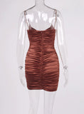 FASHION SATIN V-NECK BACKLESS PLEATED DRESS