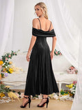 SPLIT VELVET OFF THE SHOULDER STRAPS DRESS