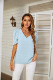 V-NECK PUFF SLEEVE WOOL BALL CHIFFON TOP