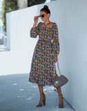 SQUARE COLLAR LONG SLEEVE PRINT DRESS